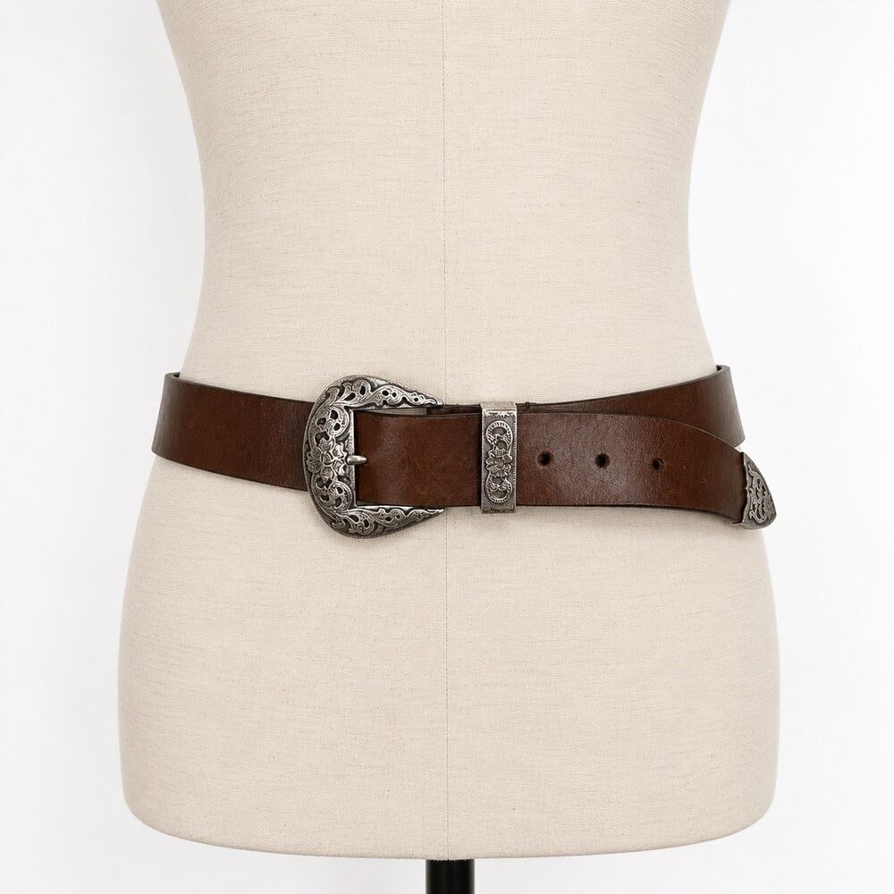 Silpada Designs Italian Leather Belt Brown Large Silver Metal Buckle Cowboy